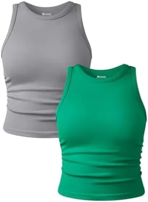 OQQ Women's 2 Piece Tank Tops Crew Neck Sleeveless Basic Stretch Casusal Yoga Crop Camis