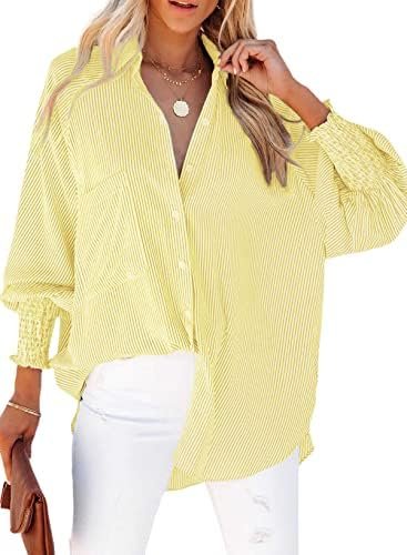 Women's Smocked Cuffed Striped Boyfriend Shirt with Pocket Casual Collar Long Sleeve Blouse Tops for Pocket Shirred