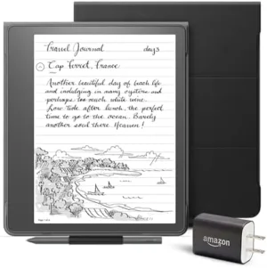 Kindle Scribe Essentials Bundle including Kindle Scribe (16 GB), Basic Pen, Leather Folio Cover with Magnetic Attach - Black, and Power Adapter