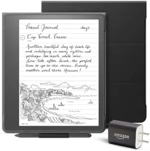 Kindle Scribe Essentials Bundle including Kindle Scribe (16 GB), Premium Pen, Leather Folio Cover with Magnetic Attach - Black, and Power Adapter