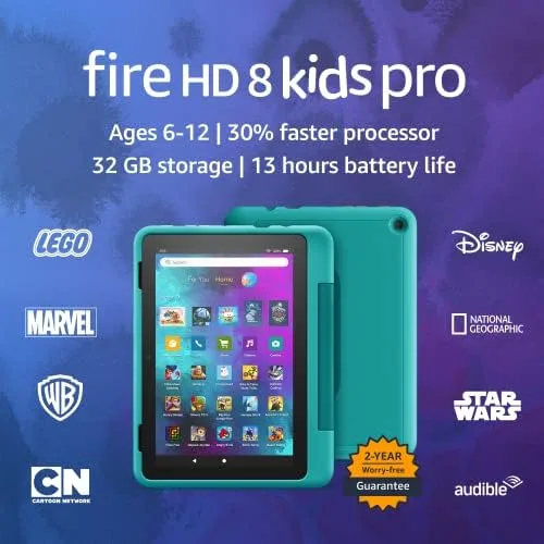 Amazon Fire HD 8 Kids Pro tablet- 2022, ages 6-12 | 8" HD screen, slim case for older kids, ad-free content, parental controls, 13-hr battery, 32 GB, Hello Teal