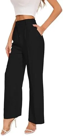 FUNYYZO Women's Wide Leg Pants High Elastic Waisted in The Back Business Work Trousers Long Straight Suit Pants
