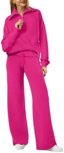 XIEERDUO Lounge Sets For Women 2024 Half Zip Sweatshirt And Wide Leg Sweatpant 2 Piece Outfits Sweatsuit Tracksuit