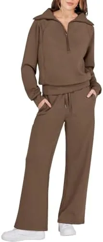 Caracilia Womens 2 Piece Outfits Sweatsuit Set Half Zip Oversized Sweatshirt Wide Leg Sweatpant Fall Lounge Sets Tracksuit