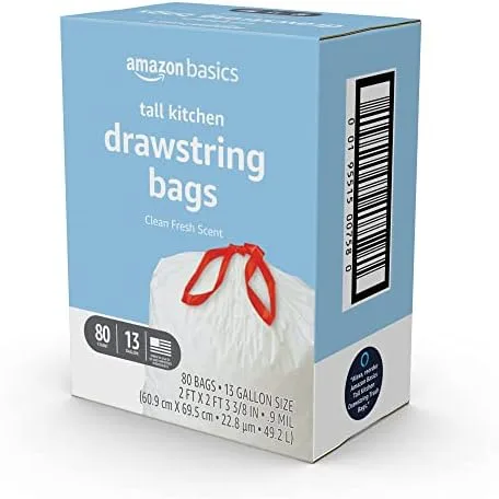 Amazon Basics Tall Kitchen Drawstring Trash Bags, Clean Fresh Scent, 13 Gallon, 80 Count, Pack of 1 - Image 4