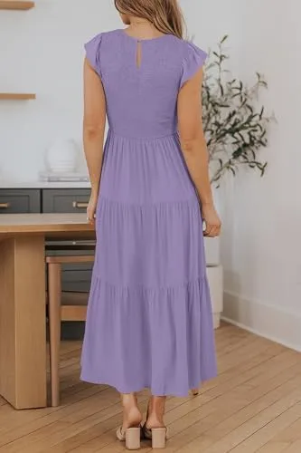 ZESICA Women's 2024 Summer Casual Flutter Short Sleeve Crew Neck Smocked Elastic Waist Tiered Midi Dress - Image 3