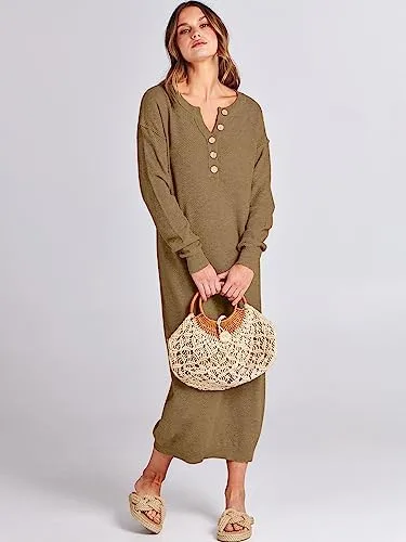 ANRABESS Women Long Sleeve Button V Neck Oversized Casual Loose Fit Waffle Knit Fall Midi Sweater Dress 2024 Trendy Outfits - Image 7