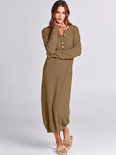 ANRABESS Women Long Sleeve Button V Neck Oversized Casual Loose Fit Waffle Knit Fall Midi Sweater Dress 2024 Trendy Outfits - Image 3