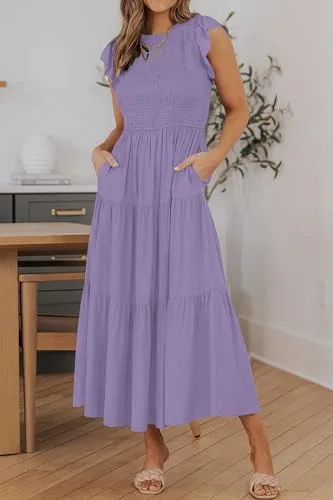 ZESICA Women's 2024 Summer Casual Flutter Short Sleeve Crew Neck Smocked Elastic Waist Tiered Midi Dress - Image 2