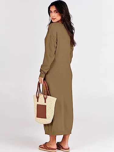 ANRABESS Women Long Sleeve Button V Neck Oversized Casual Loose Fit Waffle Knit Fall Midi Sweater Dress 2024 Trendy Outfits - Image 6