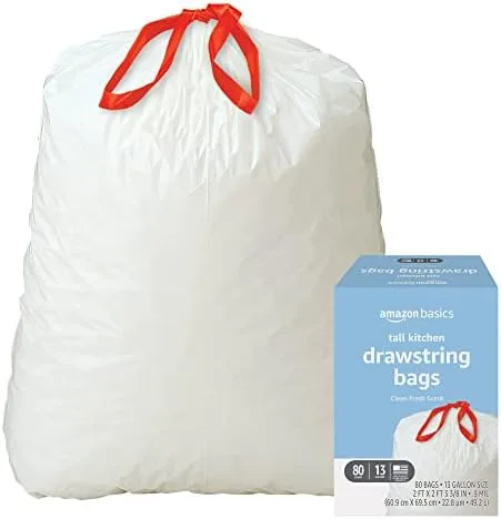 Amazon Basics Tall Kitchen Drawstring Trash Bags, Clean Fresh Scent, 13 Gallon, 80 Count, Pack of 1 - Image 2
