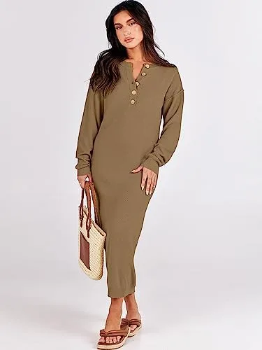 ANRABESS Women Long Sleeve Button V Neck Oversized Casual Loose Fit Waffle Knit Fall Midi Sweater Dress 2024 Trendy Outfits - Image 2