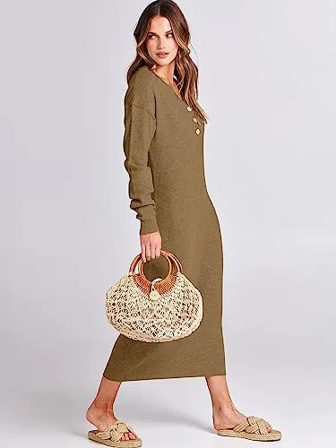 ANRABESS Women Long Sleeve Button V Neck Oversized Casual Loose Fit Waffle Knit Fall Midi Sweater Dress 2024 Trendy Outfits - Image 5