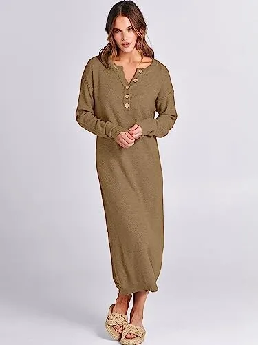 ANRABESS Women Long Sleeve Button V Neck Oversized Casual Loose Fit Waffle Knit Fall Midi Sweater Dress 2024 Trendy Outfits - Image 4