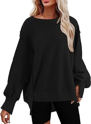 SHEWIN Womens Oversized Reverse Seam Sweatshirt Casual Long Sleeve Crewneck Lightweight Pullover Tops Loose Sweatshirts