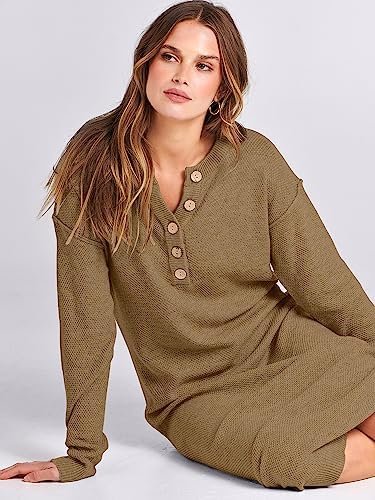 ANRABESS Women Long Sleeve Button V Neck Oversized Casual Loose Fit Waffle Knit Fall Midi Sweater Dress 2024 Trendy Outfits - Image 8