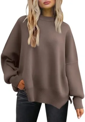 LILLUSORY Women's Oversized Batwing Sweaters 2024 Fall Outfits Crewneck Ribbed Knit Side Slit Trendy Pullover Tops