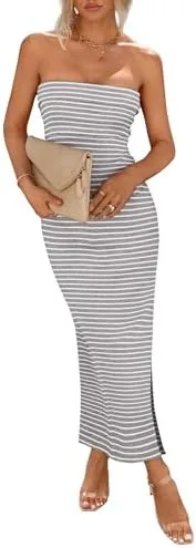 PRETTYGARDEN Women's Summer Bodycon Maxi Tube Dress Ribbed Strapless Side Slit Long Going Out Casual Elegant Party Dresses