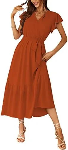 PRETTYGARDEN Women's 2024 Floral Boho Dress Wrap V Neck Short Sleeve Belted Ruffle Hem A-Line Flowy Maxi Dresses