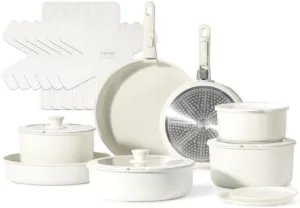 CAROTE 21pcs Detachable Handle Pots and Pan Set, Nonstick Induction Cookware, Removable Handle, RV Oven Safe Cookware, Cream White