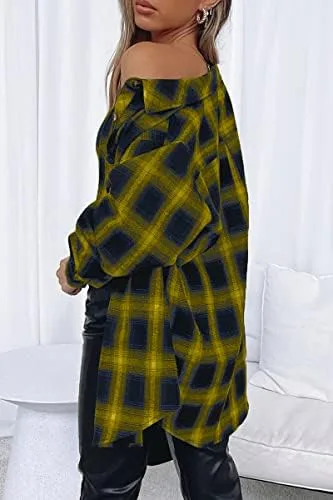 CHYRII Womens Button Down Flannel Shirts Long Sleeve Plaid Shackets Business Casual Blouse Top - Image 3