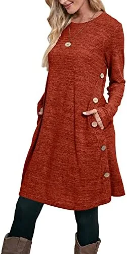 OFEEFAN Womens Long Sleeve Tunic Dres Fall Outfits with Pockets Buttons