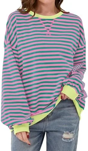 Striped Shirt Women Oversized Sweatshirt Color Block Long Sleeve Crew Neck Sweatshirt Loose Pullover Shirt Top