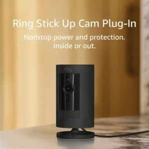 Certified Refurbished Ring Stick Up Cam Plug-In HD security camera with two-way talk, Works with Alexa - Black