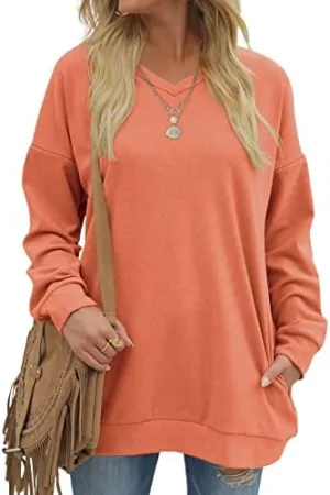 OFEEFAN Women's Sweatshirts V Neck Oversized Long Sleeve Pockets Top
