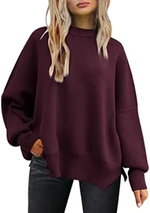 LILLUSORY Women's Oversized Batwing Sweaters 2024 Fall Outfits Crewneck Ribbed Knit Side Slit Trendy Pullover Tops