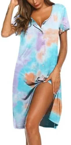 Ekouaer Women's Nightshirt Short Sleeve Button Down Nightgown V-Neck Sleepwear Pajama Dress
