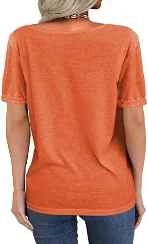 Danedvi Women Fashion Deep V-Neck Short Sleeve Tops Solid Casual Loose Basic T Shirt - Image 2