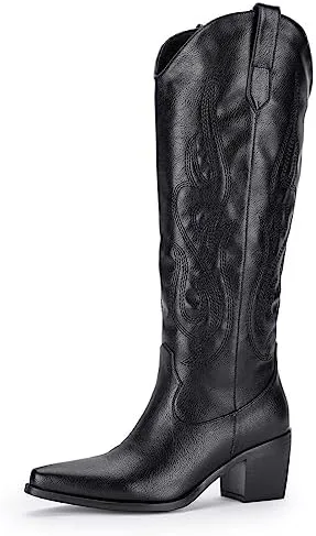 Pasuot Western Cowboy Boots for Women - Knee High Wide Calf Cowgirl Boots with Classic Embroidered, Slip On Pointed Toe Chunky Heel Fashion Retro Classic Pull On Tall Boot for Girls Ladies Fall Winter