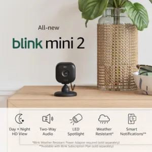 Blink Mini 2 — Plug-in smart security camera, HD night view in color, built-in spotlight, two-way audio, motion detection, Works with Alexa (Black)