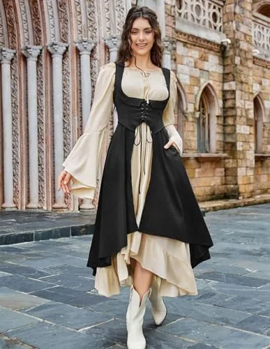 Scarlet Darkness Women Renaissance Costume Underbust Pirate Peasant High Low Dress with Pockets - Image 8