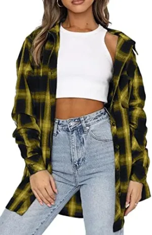 CHYRII Womens Button Down Flannel Shirts Long Sleeve Plaid Shackets Business Casual Blouse Top