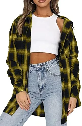CHYRII Womens Button Down Flannel Shirts Long Sleeve Plaid Shackets Business Casual Blouse Top
