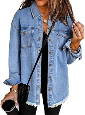 Vetinee Women’s Oversized Button Up Frayed Hem Shacket Long Sleeve Pockets Denim Jean Jacket