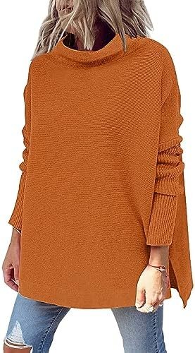 LILLUSORY Women's Mock Turtleneck Sweater Oversized Long Sleeve Split Hem Casual Knit Pullover Tunic Tops