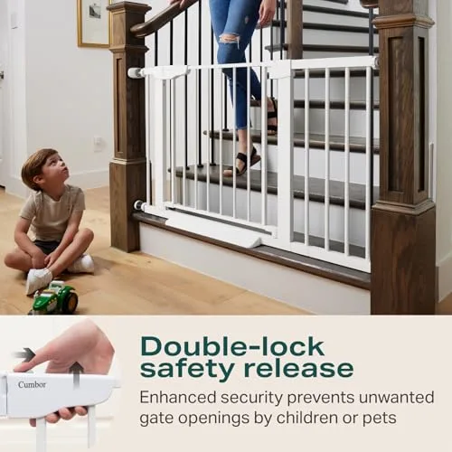 Cumbor 29.7-46" Baby Gate for Stairs, Mom's Choice Awards Winner-Auto Close Dog Gate for the House, Easy Install Pressure Mounted Pet Gates for Doorways, Easy Walk Thru Wide Safety Gate for Dog, White - Image 3
