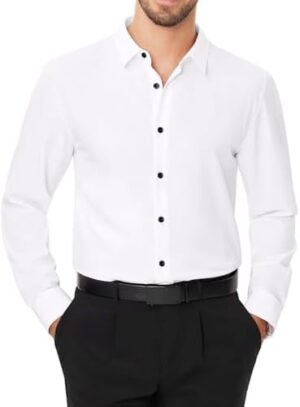 J.VER Men's Dress Shirts Stretch Long Sleeve Formal Shirt Solid Business Casual Button Down Shirts for Wedding Prom