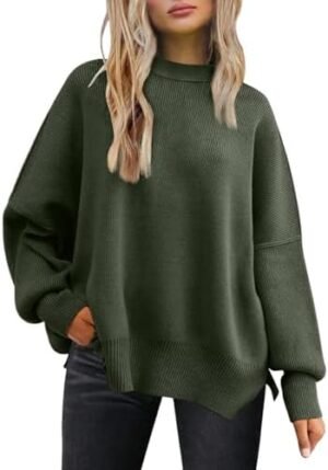 LILLUSORY Women's Oversized Batwing Sweaters 2024 Fall Outfits Crewneck Ribbed Knit Side Slit Trendy Pullover Tops