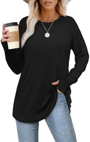 XIEERDUO Womens Tunic Tops to Wear with Leggings Long Sleeve Thumb Hole Shirts Crew Neck Curved Hem - Image 2