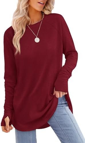 XIEERDUO Womens Tunic Tops to Wear with Leggings Long Sleeve Thumb Hole Shirts Crew Neck Curved Hem