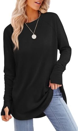 XIEERDUO Womens Tunic Tops to Wear with Leggings Long Sleeve Thumb Hole Shirts Crew Neck Curved Hem