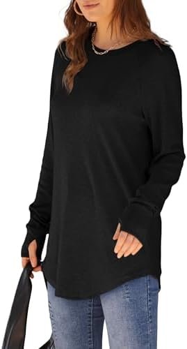 XIEERDUO Womens Tunic Tops to Wear with Leggings Long Sleeve Thumb Hole Shirts Crew Neck Curved Hem - Image 3