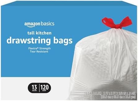 Amazon Basics Flextra Tall Kitchen Drawstring Trash Bags, Unscented, 13 Gallon, 120 Count, Pack of 1