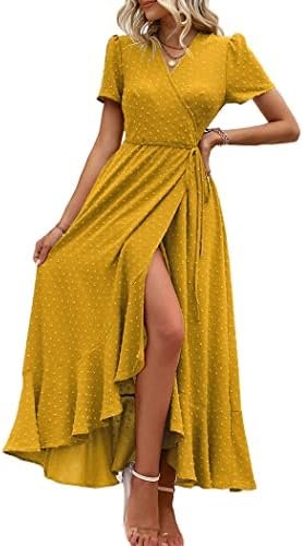 PRETTYGARDEN Women's Summer Wrap Maxi Dress Casual Boho Floral V Neck Short Sleeve Ruffle Hem Split Beach Long Dresses