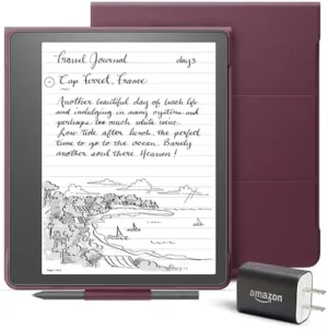 Kindle Scribe Essentials Bundle including Kindle Scribe (16 GB), Basic Pen, Leather Folio Cover with Magnetic Attach - Burgundy, and Power Adapter