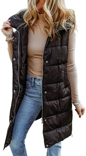 EVALESS Womens Long Puffer Vest Quilted Hooded Sleeveless Zip Up Down Jacket Winter Warm Lightweight Gilet Coat Outerwear